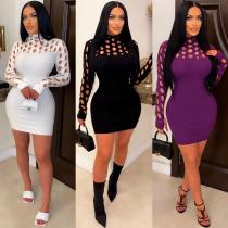 Women's fashion sexy knitting dress hollow long sleeve tight wool dress