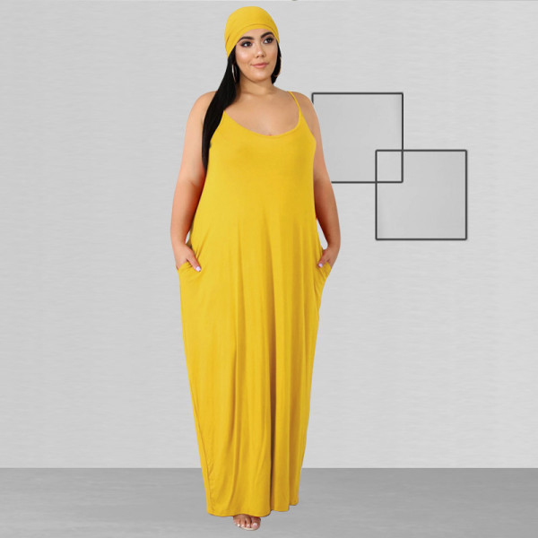 Solid color sling wide loose long section with belt large size women's dress OSS20708