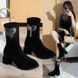 Oversized women's shoes Black suede rhinestone pattern thick heel bright edge fashion single shoes