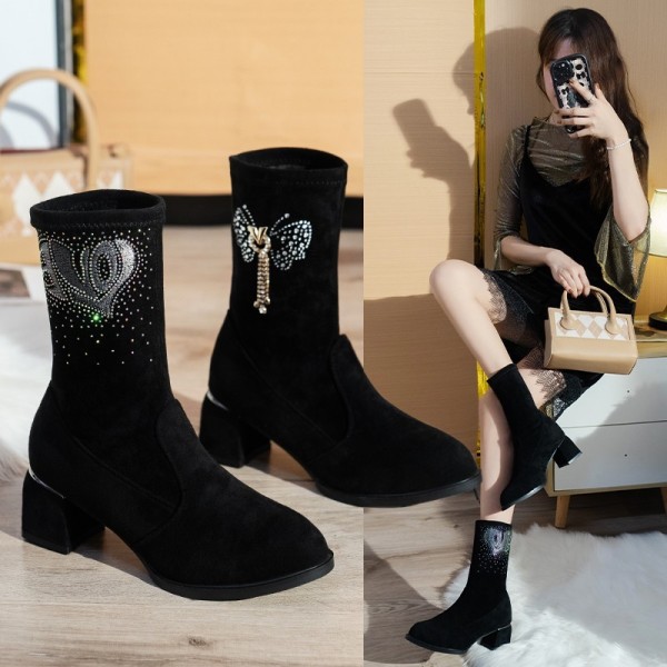 Oversized women's shoes Black suede rhinestone pattern thick heel bright edge fashion single shoes