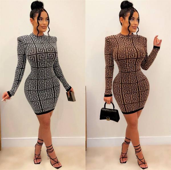 Women's tight knit one-piece dress, medium length, slim fitting sweater, bottom skirt