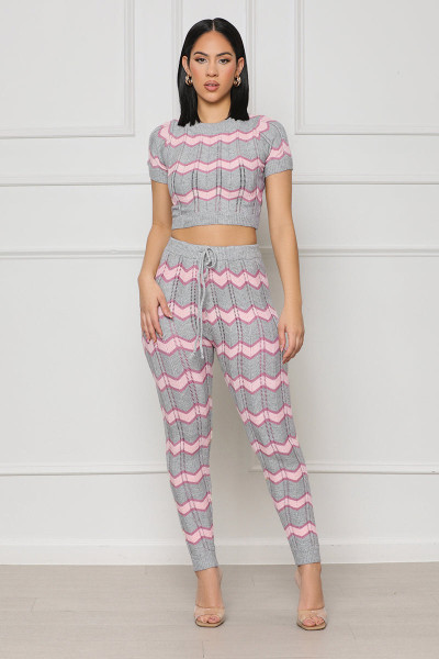 Color blocking wool woven suit wave pattern tight knit two-piece set