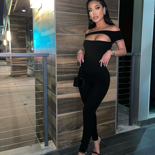 Off shoulder short sleeve slim fit sports casual trousers jumpsuit