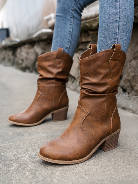 Oversized Women's Shoes Vintage Pleated Upper Thick Heel Pointed Toe Pullover Knight Boots