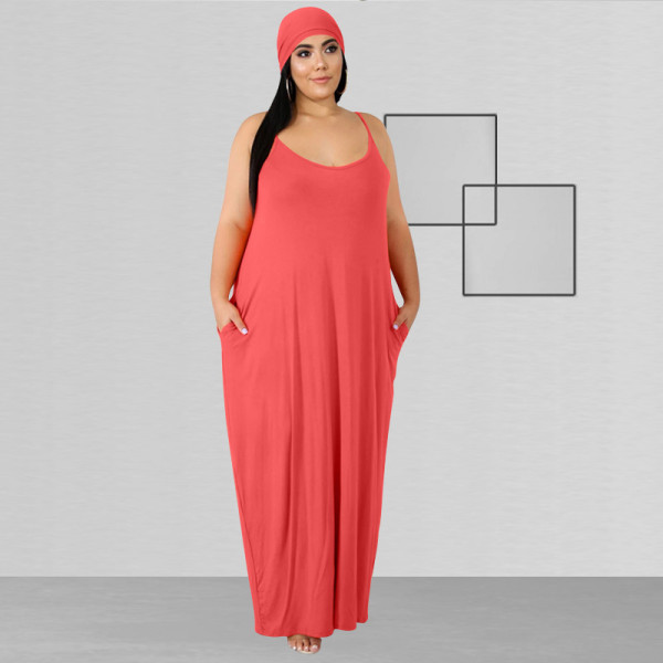 Solid color sling wide loose long section with belt large size women's dress OSS20708