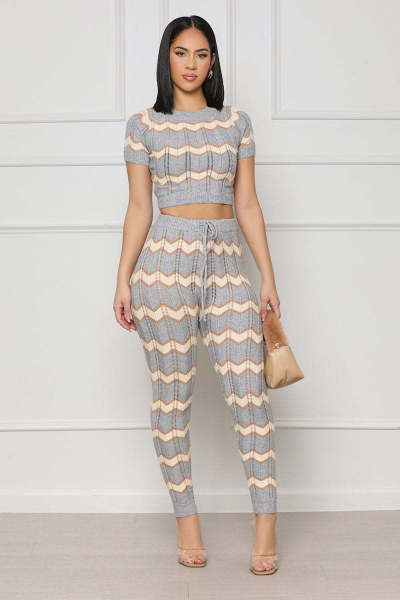 Color blocking wool woven suit wave pattern tight knit two-piece set