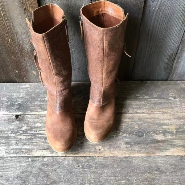 Oversized Women's Shoes Vintage Leather Splice Side Zipper Coarse Heel Knight Boots