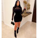 Women's fashion sexy knitting dress hollow long sleeve tight wool dress