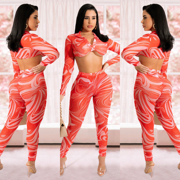 Positioning printing tie dyeing hollow perspective screen women's two-piece suit [with buttons]