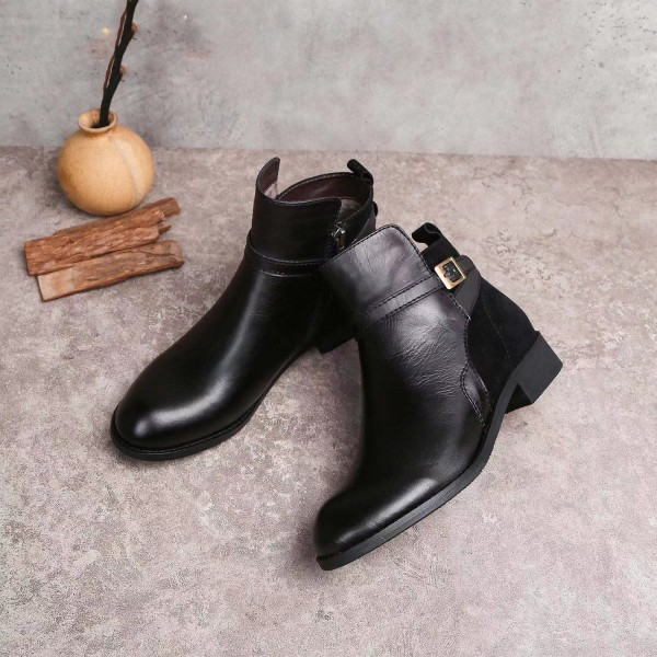 Oversized women's shoes Vintage leather buckle side zipper short tube ankle boots