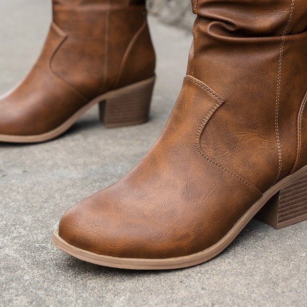 Oversized Women's Shoes Vintage Pleated Upper Thick Heel Pointed Toe Pullover Knight Boots