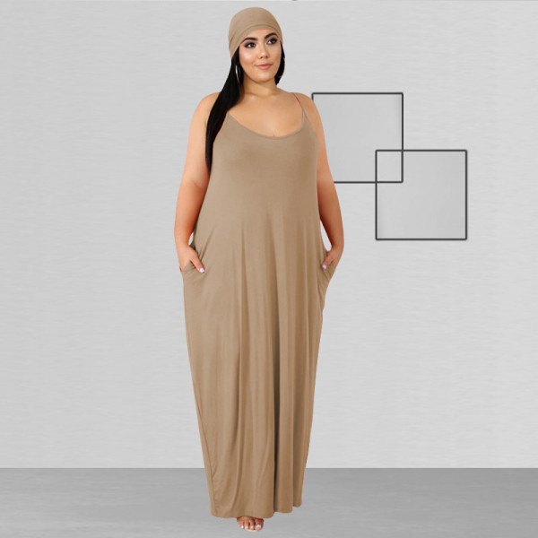Solid color sling wide loose long section with belt large size women's dress OSS20708