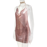 Open backed sequin suspender V-neck neck with diamond chain nightclub slit dress
