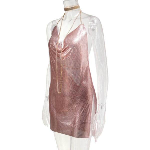 Open backed sequin suspender V-neck neck with diamond chain nightclub slit dress