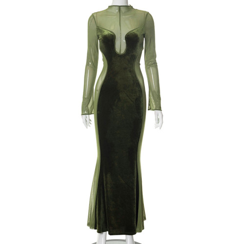 Casual Mesh Panel Round Neck Long Sleeve Slim Long Dress