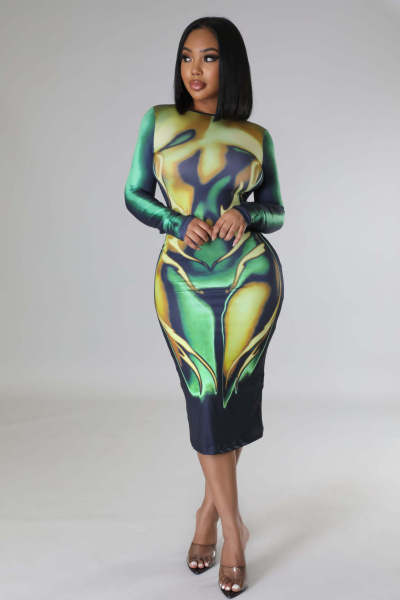 Sexy Body Print Round Neck Long Sleeve Casual Women's Dress