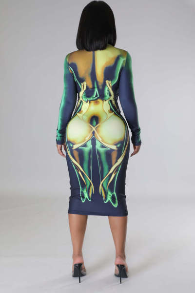 Sexy Body Print Round Neck Long Sleeve Casual Women's Dress