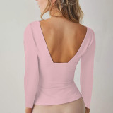 Fashion U-neck long sleeve sexy backless casual slim t-shirt