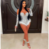 Sexy European and American slim fitting feather beaded jumpsuit