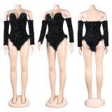 Sexy European and American slim fitting feather beaded jumpsuit