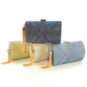 Women hold a dinner bag with color changing satin tassel dinner bag