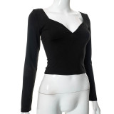 Fashion U-neck long sleeve sexy backless casual slim t-shirt