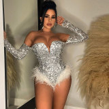 Sexy European and American slim fitting feather beaded jumpsuit