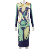 Sexy Body Print Round Neck Long Sleeve Casual Women's Dress