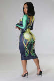 Sexy Body Print Round Neck Long Sleeve Casual Women's Dress