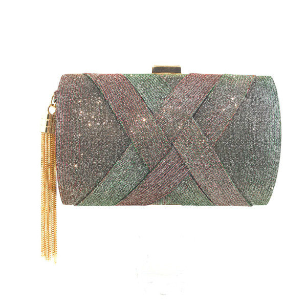 Women hold a dinner bag with color changing satin tassel dinner bag