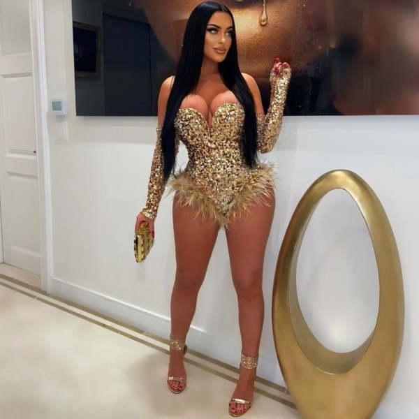 Sexy European and American slim fitting feather beaded jumpsuit
