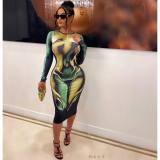 Sexy Body Print Round Neck Long Sleeve Casual Women's Dress