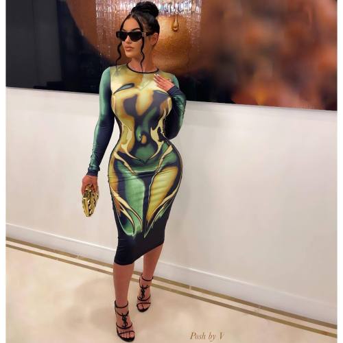 Sexy Body Print Round Neck Long Sleeve Casual Women's Dress