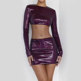 Women's sexy sequins long sleeved open navel hot girl blouse hip wrap short skirt pure sexy two-piece suit