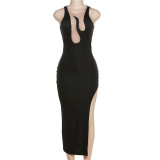 Women's fashion round neck sleeveless slim slit hip wrap temperament dress
