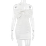 Fashionable women's bow tie tight open backpack hip short skirt sexy strapless dress small dress