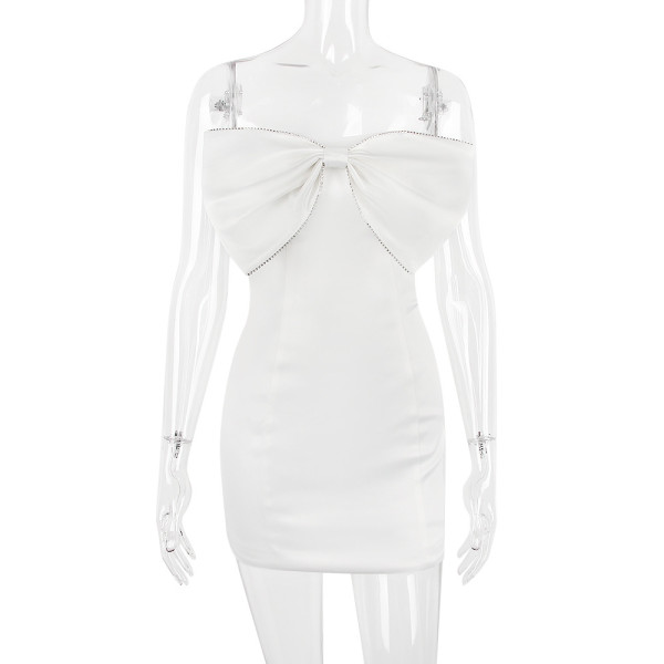 Fashionable women's bow tie tight open backpack hip short skirt sexy strapless dress small dress