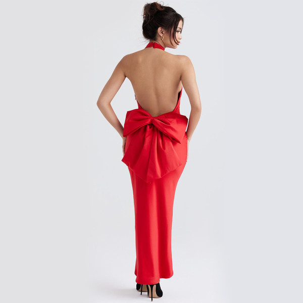 Women's celebrities sexy slim backless long dress toast dress bow tie neck hanging dress evening dress