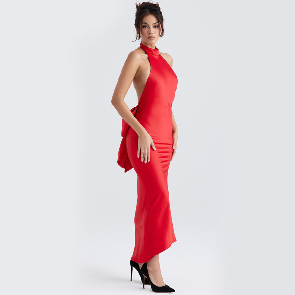 Women's celebrities sexy slim backless long dress toast dress bow tie neck hanging dress evening dress