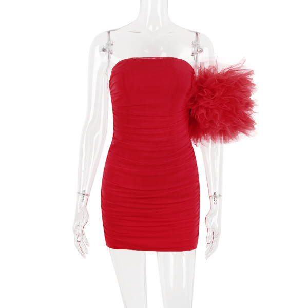 Women's Mesh Pleated Skirt Hip Wrap Dress Hot Girl Bubble Sleeves Red Blouse Dress