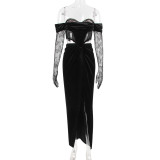 Women's off shoulder lace long sleeve gold velvet dress sexy open waist evening dress