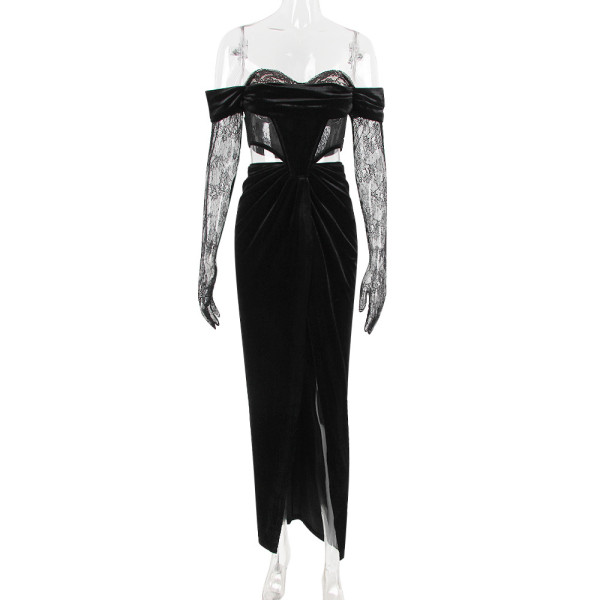 Women's off shoulder lace long sleeve gold velvet dress sexy open waist evening dress