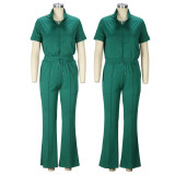 Short sleeve zipper top suit flare pants casual two-piece set