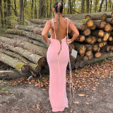 Fashion solid sexy backless slim lace up dress