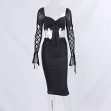Fashion suit skirt sexy mesh splicing hollow top hip skirt suit two-piece set