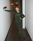 Fashion printed backless slim round neck long sleeve dress