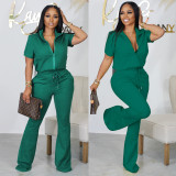 Short sleeve zipper top suit flare pants casual two-piece set