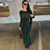 Fashion printed backless slim round neck long sleeve dress