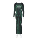 Fashion printed backless slim round neck long sleeve dress