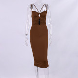 Sexy Hollow out Dress Pleated Open Backpack Hip Strap Dress Long Dress